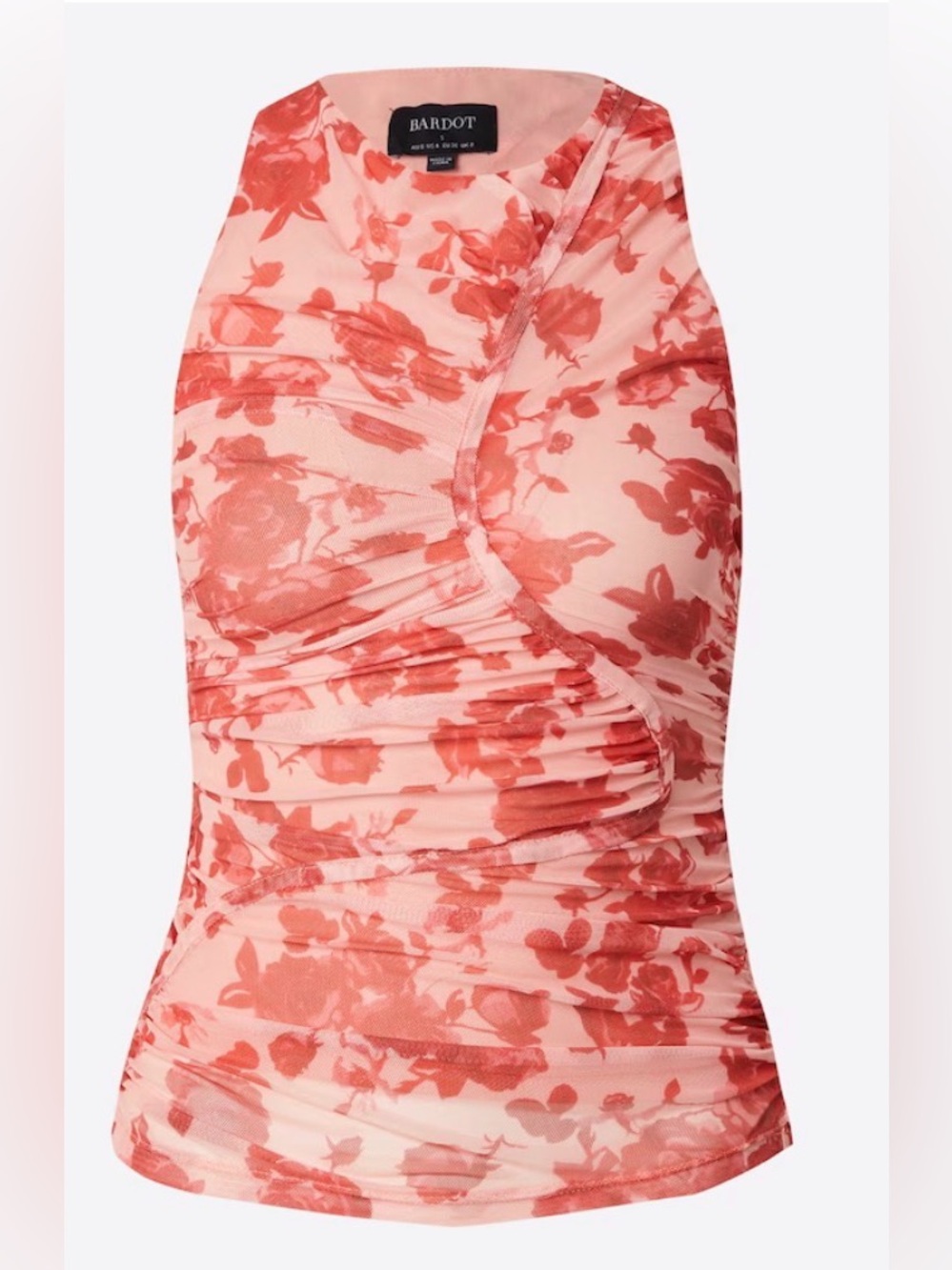 Bardot Felicia Mesh Top Red Floral Ruched Sleeveless Size 8/L | NWT